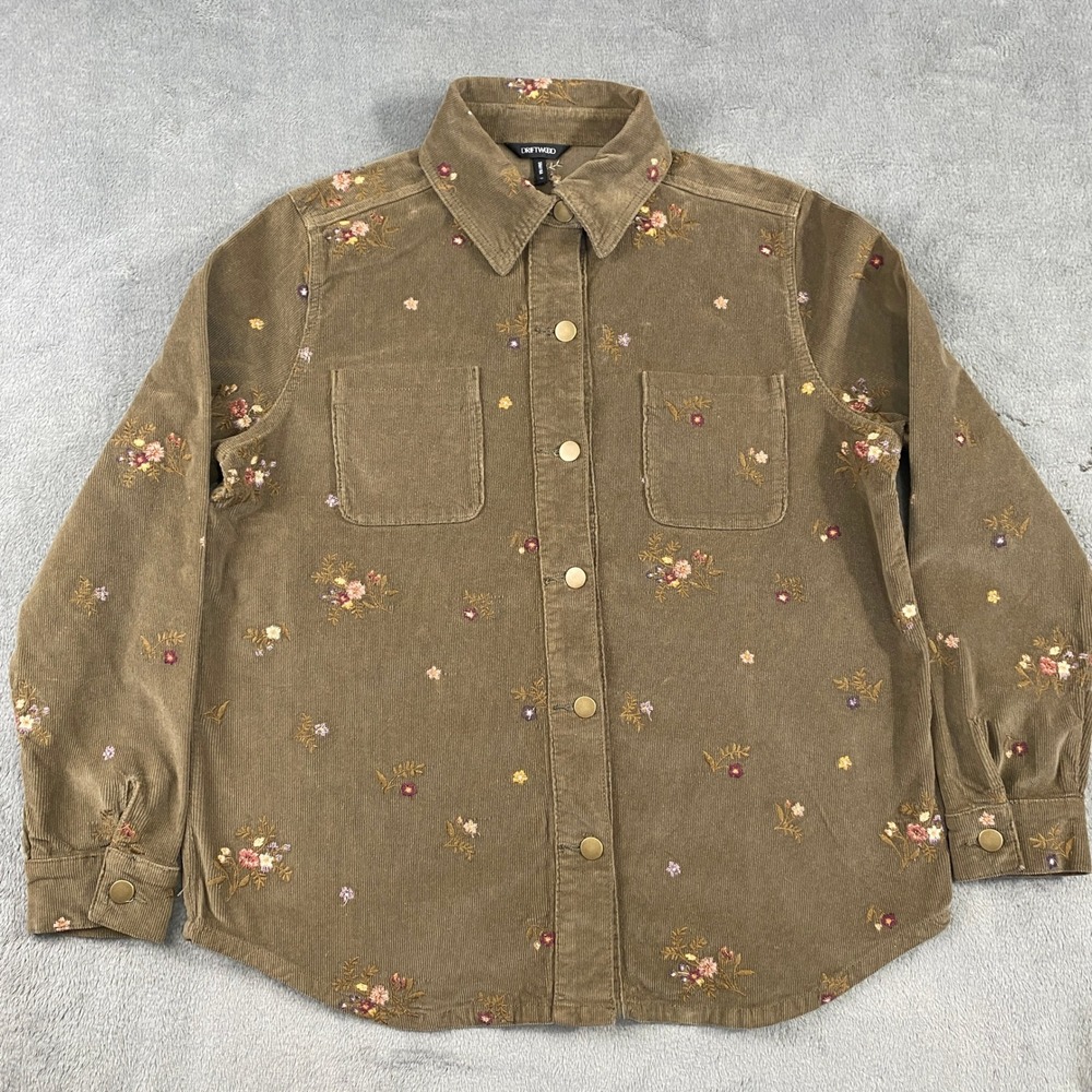 Driftwood Shirt Womens M‎ Brown Shayna Corduroy Floral Embroidered Snap Shacket